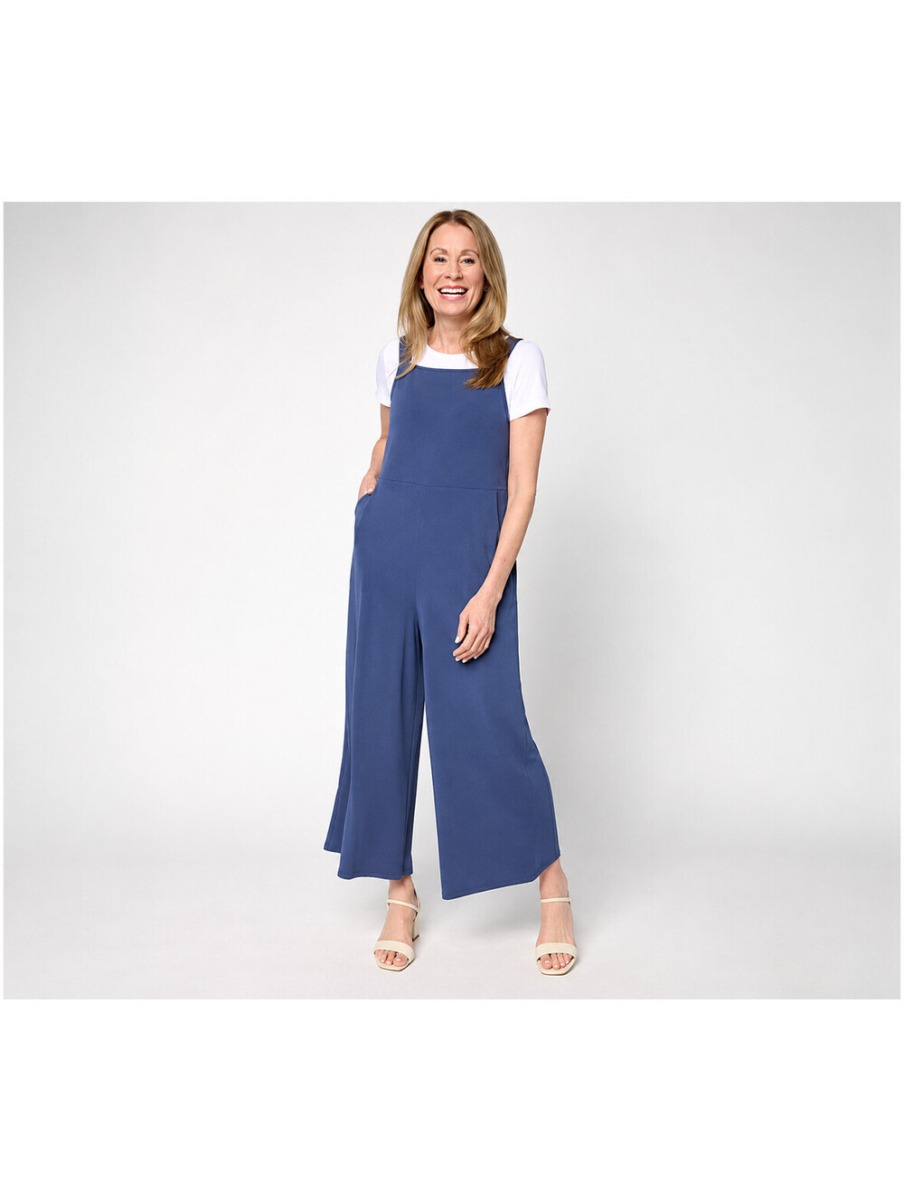 Attitudes by Renee Como Jersey Wide Leg Overall Set Navy, Petite 1X Plus
